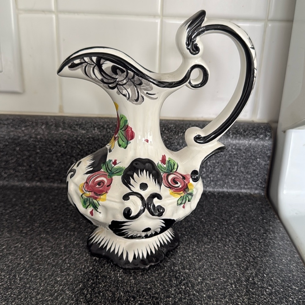 Vintage 1936 Westal Majolica Pottery Pitcher Hand Painted  Black & White Vase